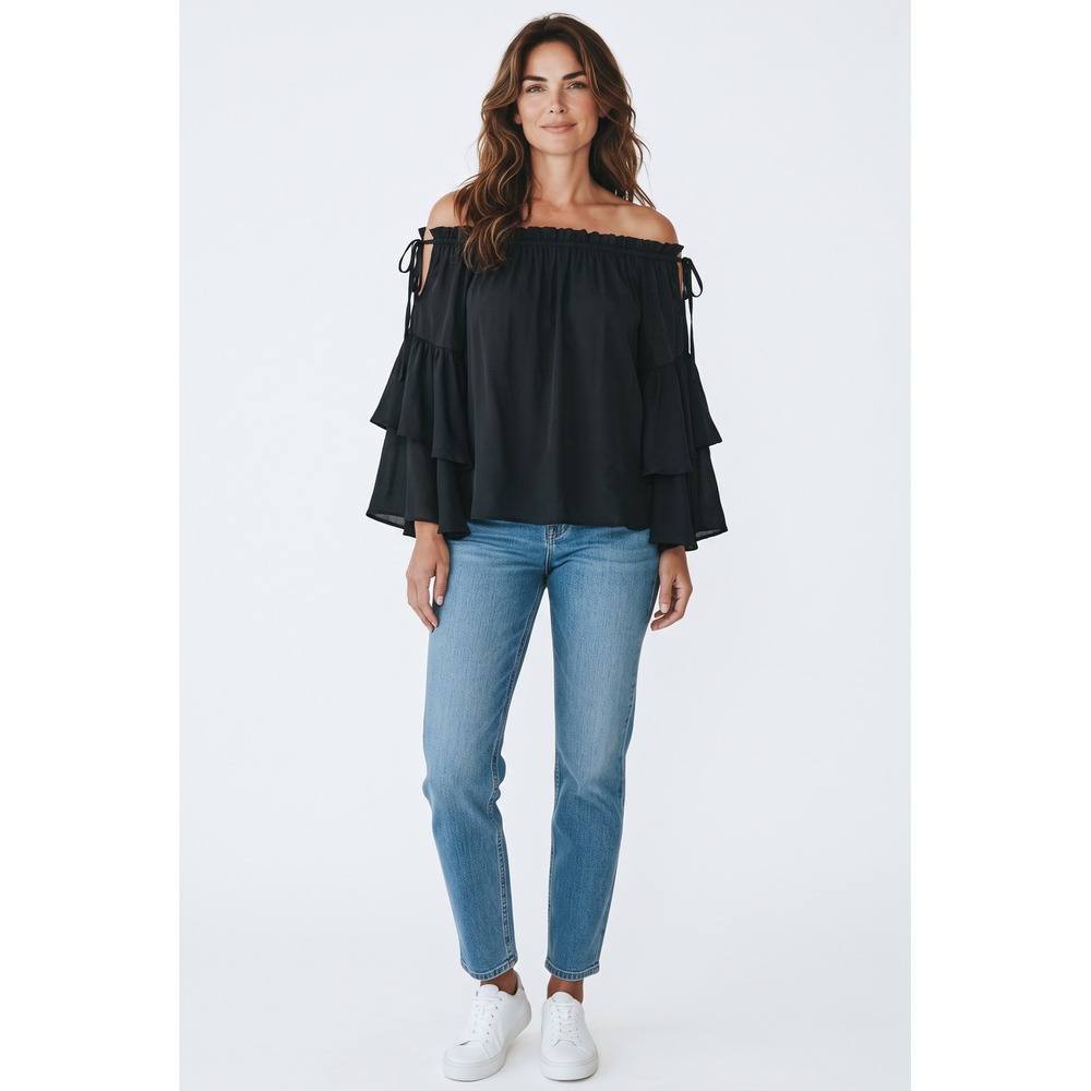 She + Sky Black Off Shoulder Tiered Bell Sleeve Blouse SL5187 Small